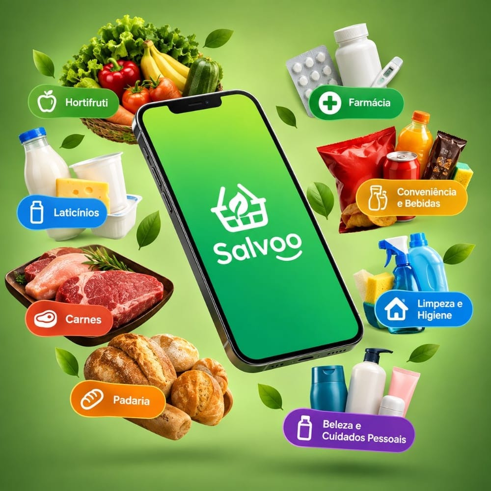 Salvoo conectando categorias de produtos — hortifruti, laticínios, carnes, padaria, farmácia e mais